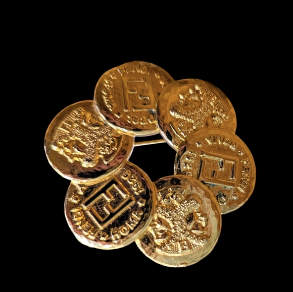 FENDI Monogram Janus Heads Roman Coin Wreath Gold Plated Brooch - Picture 3 of 5